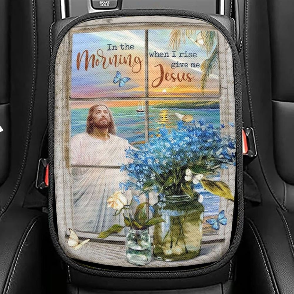 Blue Flowers Sunrise Ocean In The Morning When I Rise Give Me Jesus Car Center Console Cover, Christian Armrest Seat Cover, Bible Seat Box Cover