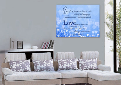 Blue Hearts Love Is Patient, Love Is Kind Wall Art - Christian Canvas Wall Art