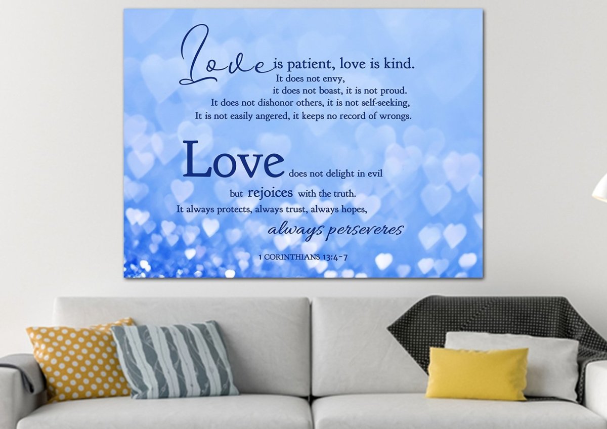 Blue Hearts Love Is Patient, Love Is Kind Wall Art - Christian Canvas Wall Art