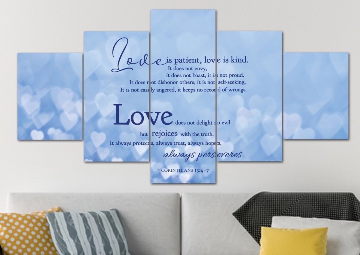 Blue Hearts Love Is Patient, Love Is Kind Wall Art - Christian Canvas Wall Art