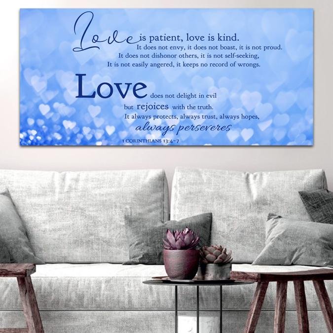 Blue Hearts Love Is Patient, Love Is Kind Wall Art - Christian Canvas Wall Art