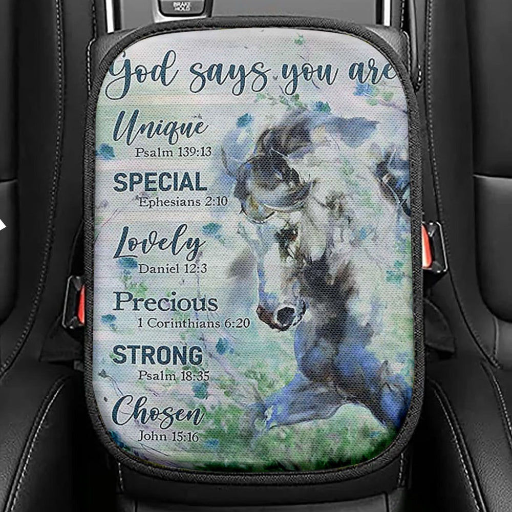 Blue Horse God Says You Are Unique Seat Box Cover, Bible Verse Car Center Console Cover, Inspirational Car Interior Accessories