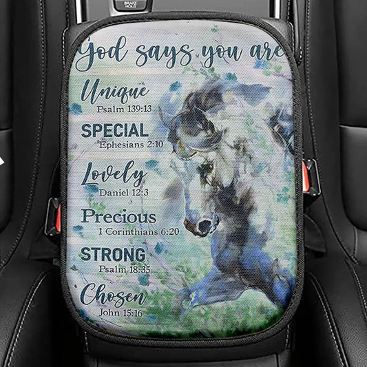 Blue Horse God Says You Are Unique Seat Box Cover, Bible Verse Car Center Console Cover, Inspirational Car Interior Accessories