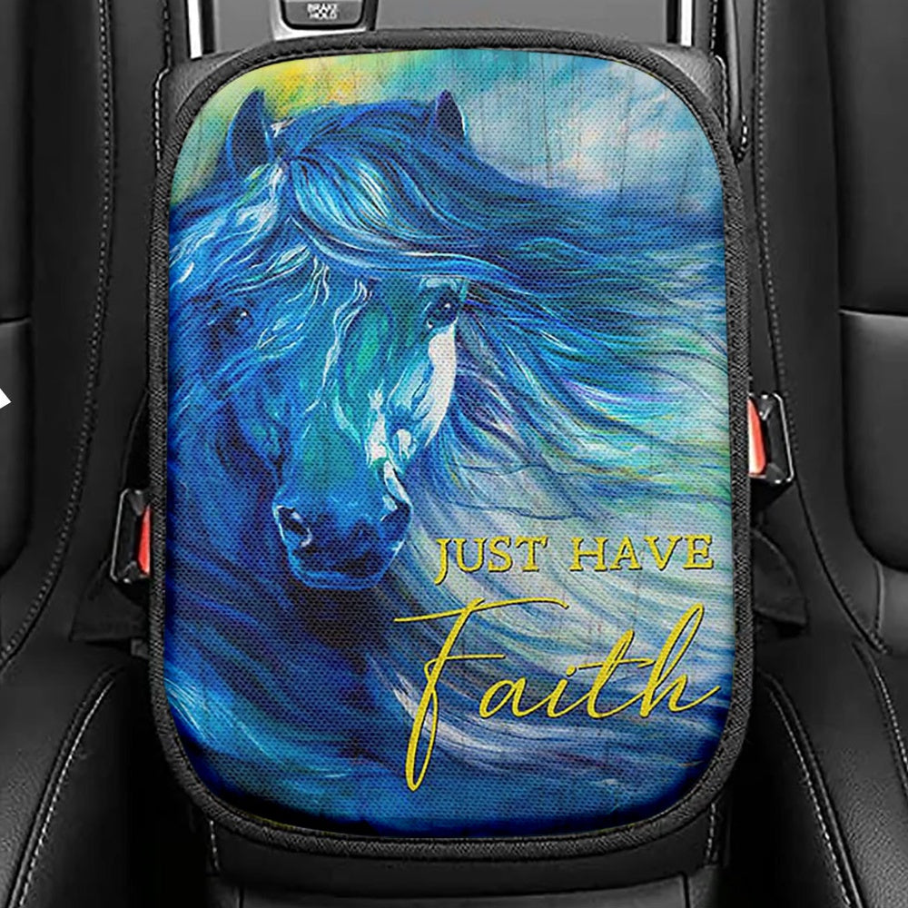 Blue Horse Just Have Faith Seat Box Cover, Bible Verse Car Center Console Cover, Inspirational Car Interior Accessories