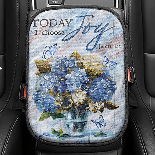 Blue Hydrangea Butterfly Today I Choose Joy Seat Box Cover, Bible Verse Car Center Console Cover, Inspirational Car Interior Accessories