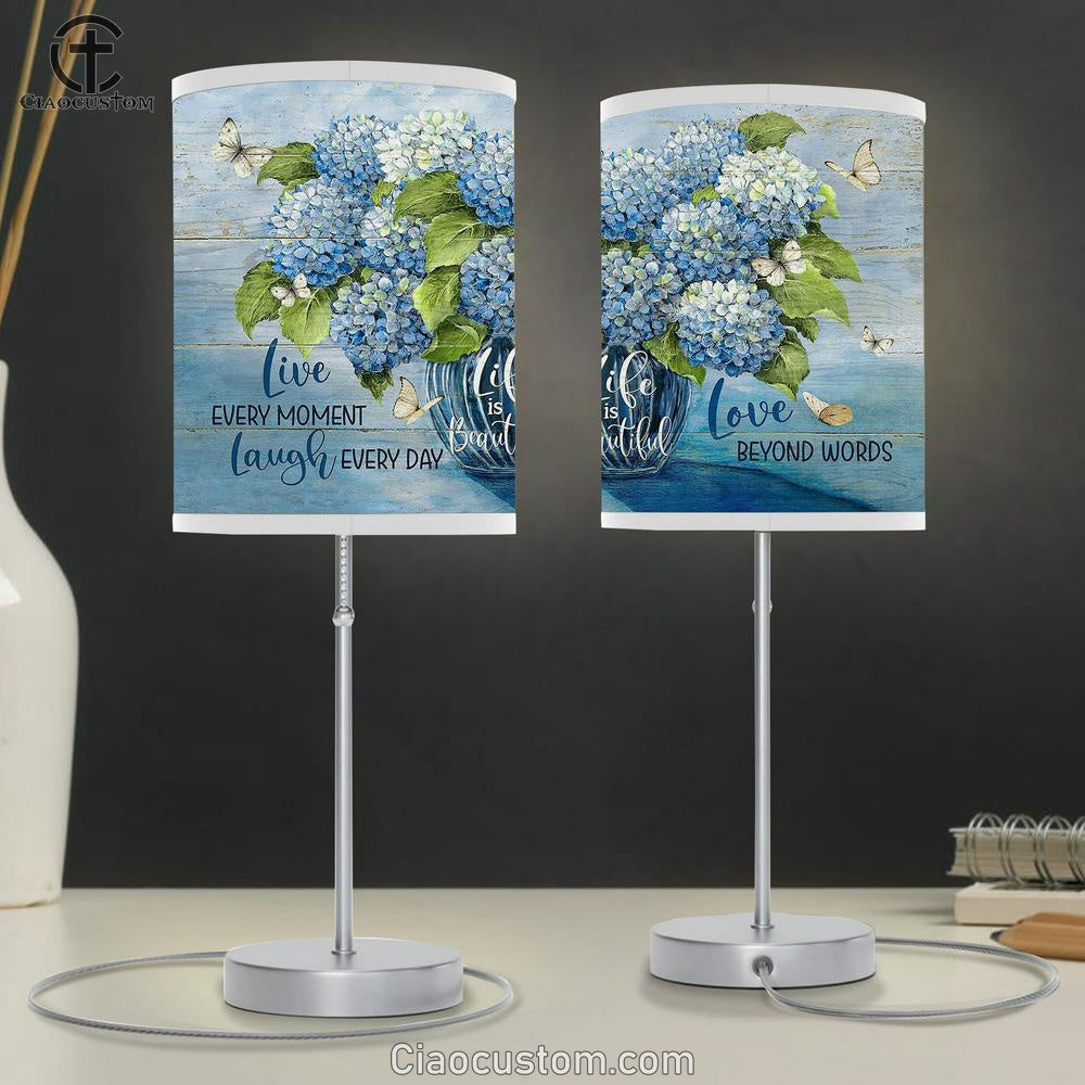 Blue Hydrangea Crystal Vase White Butterfly Life Is Beautiful Table Lamp For Bedroom - Bible Verse Table Lamp - Religious Room Decor