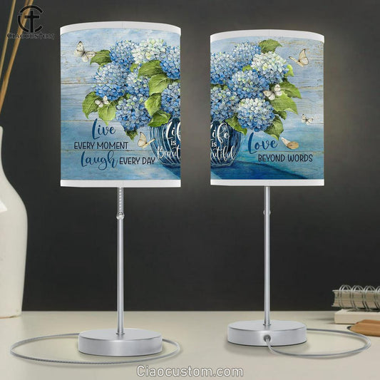 Blue Hydrangea Crystal Vase White Butterfly Life Is Beautiful Table Lamp For Bedroom - Bible Verse Table Lamp - Religious Room Decor