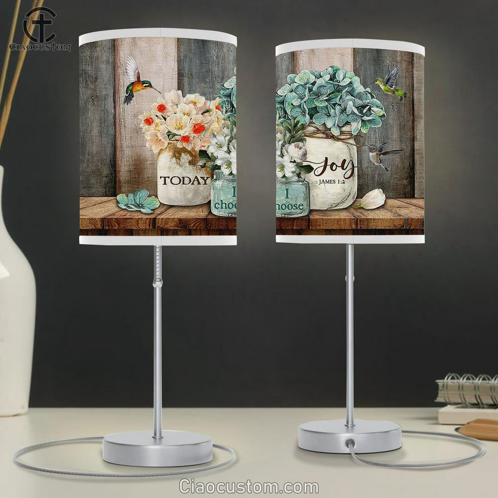Blue Hydrangea Flower Vase Hummingbird - Today I Choose Joy Table Lamp For Bedroom - Bible Verse Table Lamp - Religious Room Decor