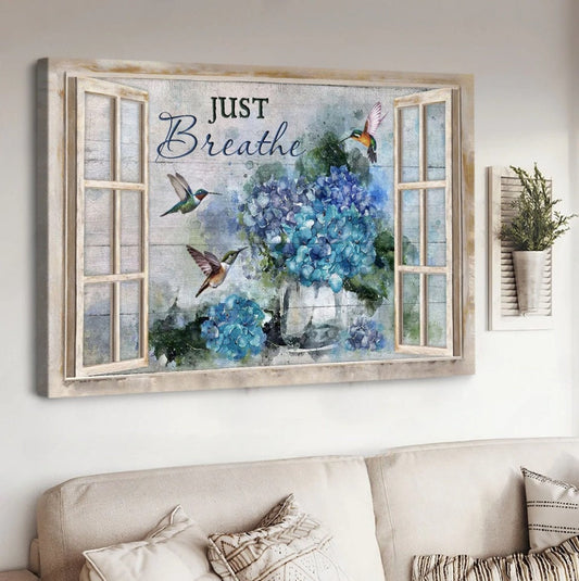 Blue Hydrangea Hummingbird Just Breathe Canvas Wall Art - Christian Poster - Religious Wall Decor