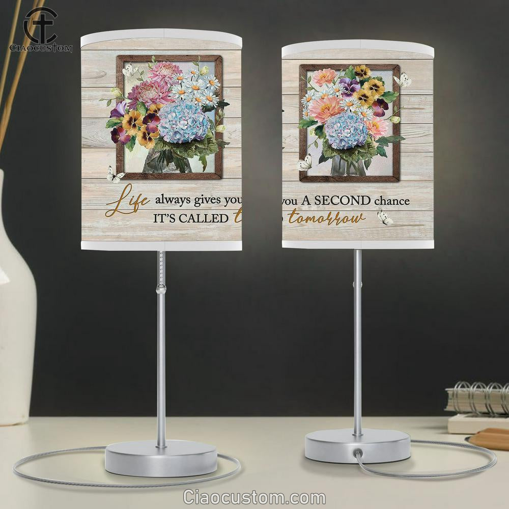 Blue Hydrangea Pansy Flower Pink Camellia It's Called Tomorrow Table Lamp For Bedroom - Bible Verse Table Lamp - Religious Room Decor