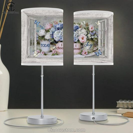 Blue Hydrangea Pink Peony Today I Choose Joy Table Lamp For Bedroom - Bible Verse Table Lamp - Religious Room Decor