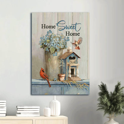 Blue Hydrangea Red Cardinals Wooden Birdcage Home Sweet Home Canvas Wall Art - Christian Gift