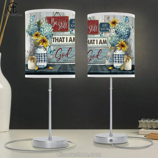 Blue Hydrangea, Yellow Daisy, Vintage Painting, Be Still And Know That I Am God Table Lamp