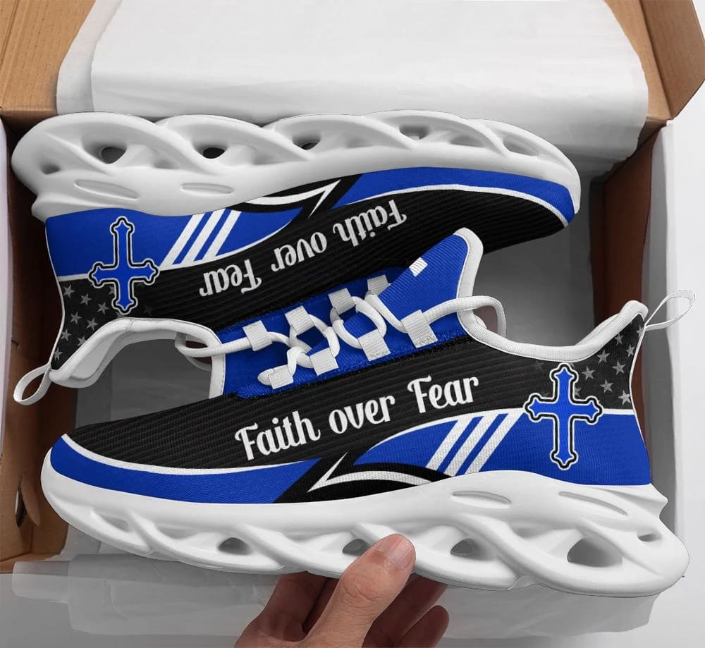 Blue Jesus Faith Over Fear Yezy Running Sneakers Max Soul Shoes - Christian Shoes For Men And Women