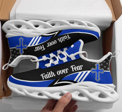 Blue Jesus Faith Over Fear Yezy Running Sneakers Max Soul Shoes - Christian Shoes For Men And Women