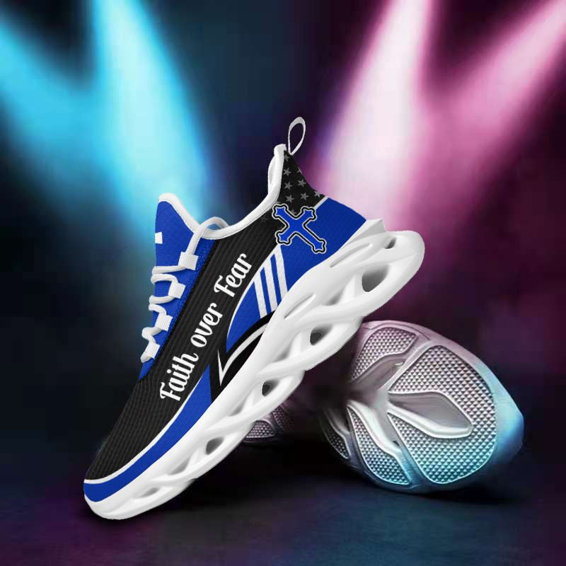 Blue Jesus Faith Over Fear Yezy Running Sneakers Max Soul Shoes - Christian Shoes For Men And Women