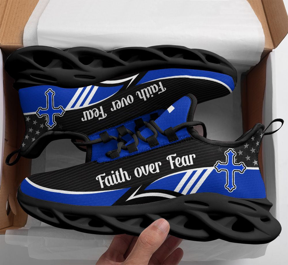 Blue Jesus Faith Over Fear Yezy Running Sneakers Max Soul Shoes - Christian Shoes For Men And Women