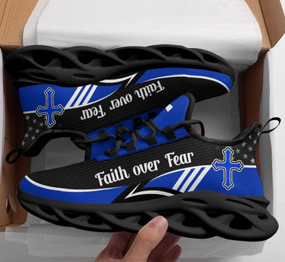 Blue Jesus Faith Over Fear Yezy Running Sneakers Max Soul Shoes - Christian Shoes For Men And Women