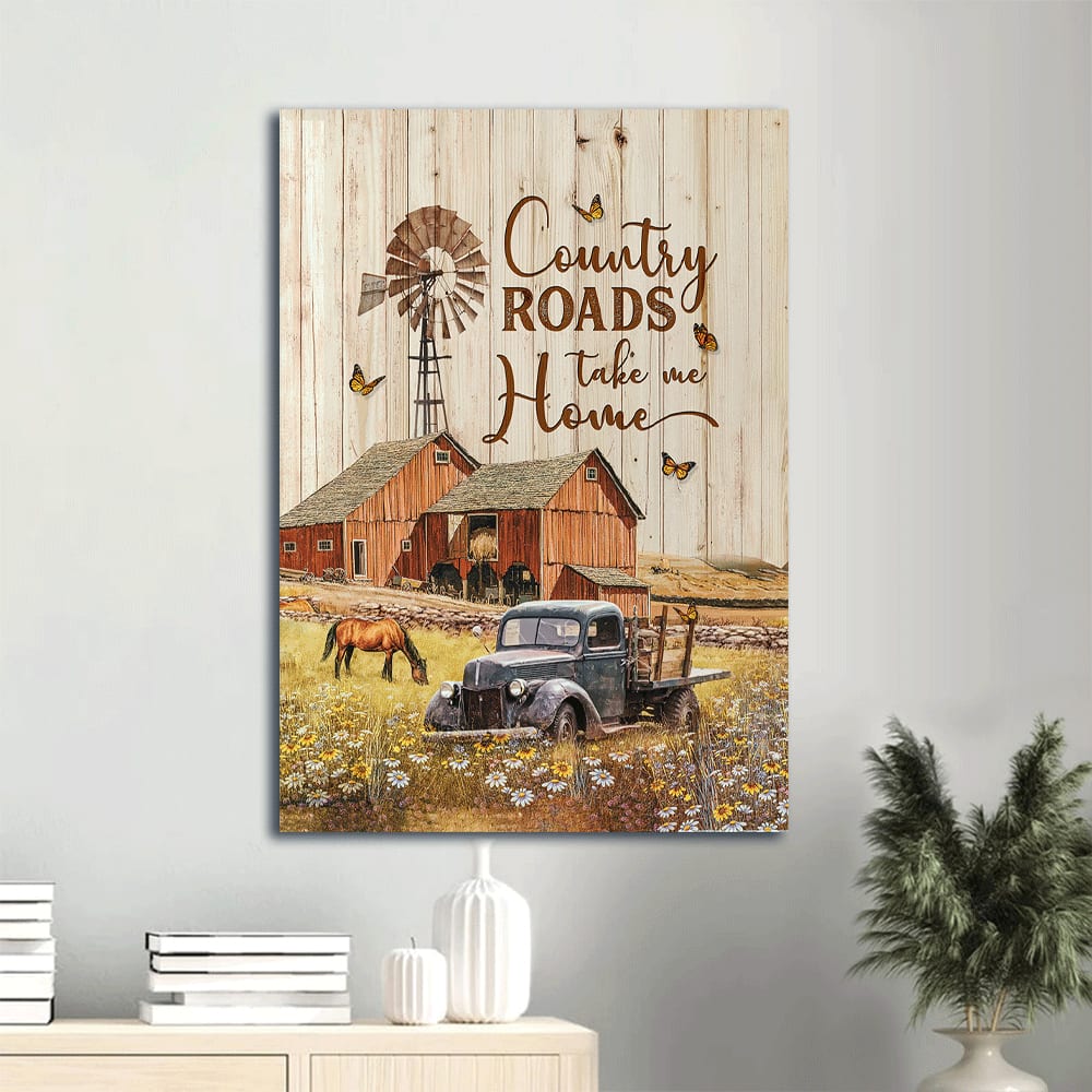Blue Ladybug Car Farm Horse Drawing Country Roads Take Me Home Christian Canvas Wall Art - Christian Gift