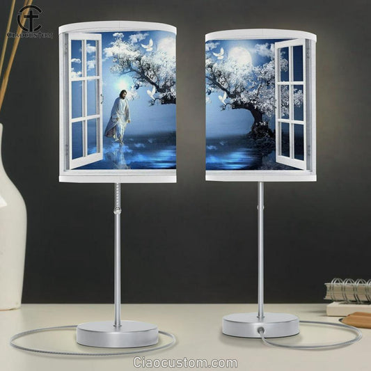 Blue Night, Magic Tree, Full Moon, White Dove, Walking With Jesus Table Lamp