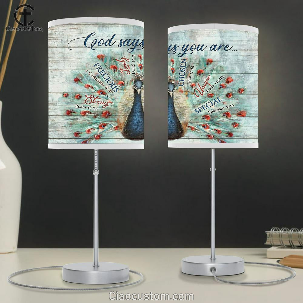 Blue Peacock God Says You Are Lamp Art Table Lamp - Christian Lamp Art - Religious Art