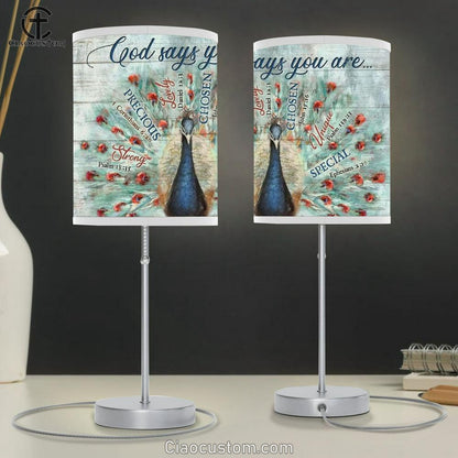 Blue Peacock Painting, Bible Verses, Vintage Drawing, God Says You Are Table Lamp