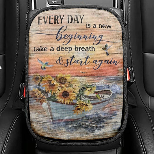 Boat And Sunflower Pretty Sunset Every Day Is A New Beginning Car Center Console Cover, Christian Armrest Seat Cover, Bible Seat Box Cover