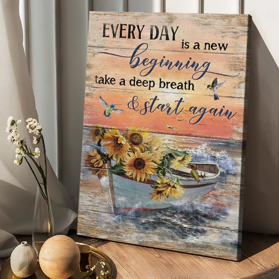 Boat And Sunflower Pretty Sunset Painting - Every Day Is A New Beginning Canvas Posters - Christian Wall Posters - Religious Wall Decor