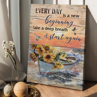 Boat And Sunflower Pretty Sunset Painting - Every Day Is A New Beginning Canvas Posters - Christian Wall Posters - Religious Wall Decor