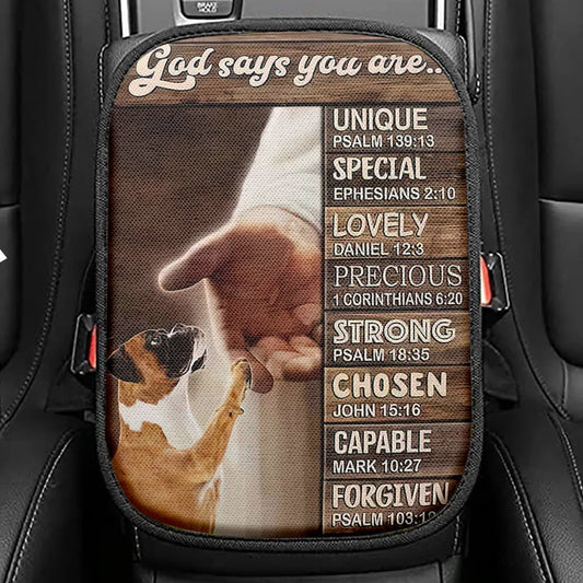 Boxer Boxer Jesus Hand God Says You Are Seat Box Cover, Christian Car Center Console Cover, Religious Car Interior Accessories