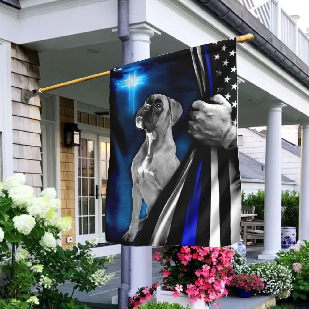 Boxer Police Dog Thin Blue Line Christian Cross House Flags - Christian Garden Flags - Outdoor Christian Flag