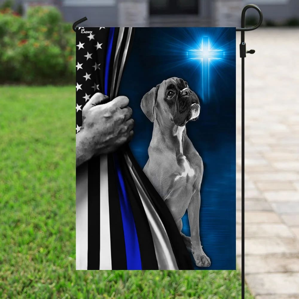 Boxer Police Dog Thin Blue Line Christian Cross House Flags - Christian Garden Flags - Outdoor Christian Flag