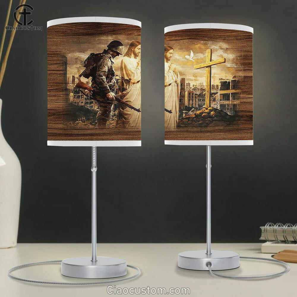 Brave Soldier Jesus Praying City In War Wooden Cross Table Lamp For Bedroom - Bible Verse Table Lamp - Religious Room Decor
