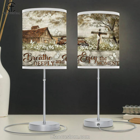 Breathe Deeply And Enjoy The Moment Old Car Cross Butterfly Large Table Lamp Art - Christian Lamp Art Home Decor - Religious Table Lamp Prints