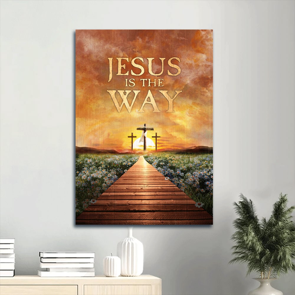 Bridge Painting Sunset Cross Symbol Jesus Is The Way Canvas Wall Art - Christian Gift