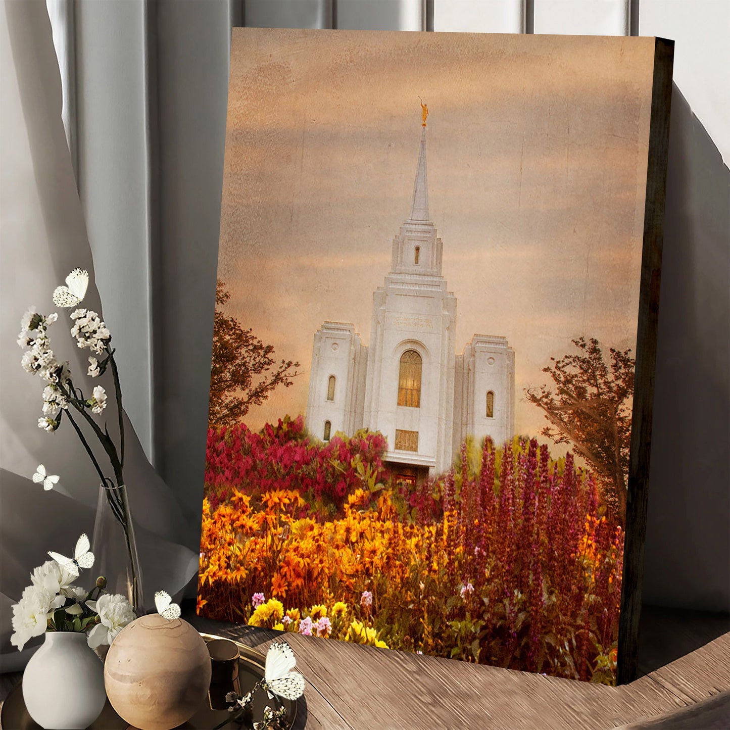 Brigham City Temple Fall Flowers Canvas Pictures - Jesus Canvas Art - Christian Wall Art