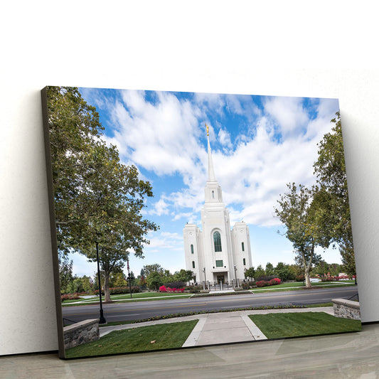 Brigham City Utah Temple Clouds Blue Sky In The Morning Canvas Wall Art - Jesus Christ Picture - Canvas Christian Wall Art