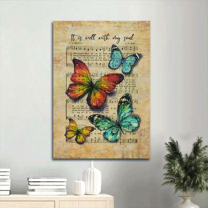 Brilliant Butterfly Antique Music Sheet It Is Well With My Soul Canvas Wall Art - Christian Gift