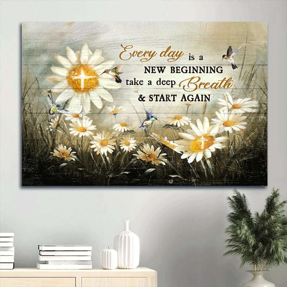 Brilliant Daisy Field Colorful Hummingbird Canvas Every Day Is A New Beginning Canvas Wall Art - Christian Wall Decor