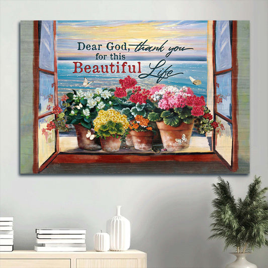 Brilliant Flower Ocean Painting Sunset Canvas Thank You For This Beautiful Life Canvas Wall Art - Christian Wall Decor