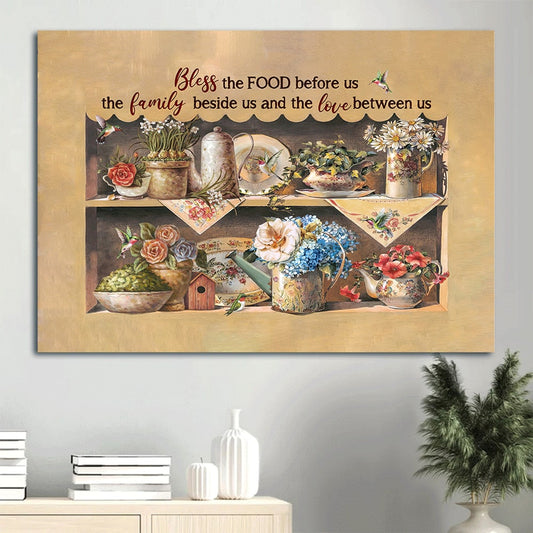 Brilliant Garden Colorful Flower Cute Hummingbird Canvas Bless The Food Before Us Canvas Wall Art - Christian Wall Decor
