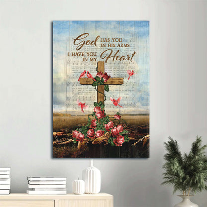 Brilliant Red Rose Pretty Cardinal Wooden Cross God Has You In His Arms Canvas Wall Art - Christian Gift