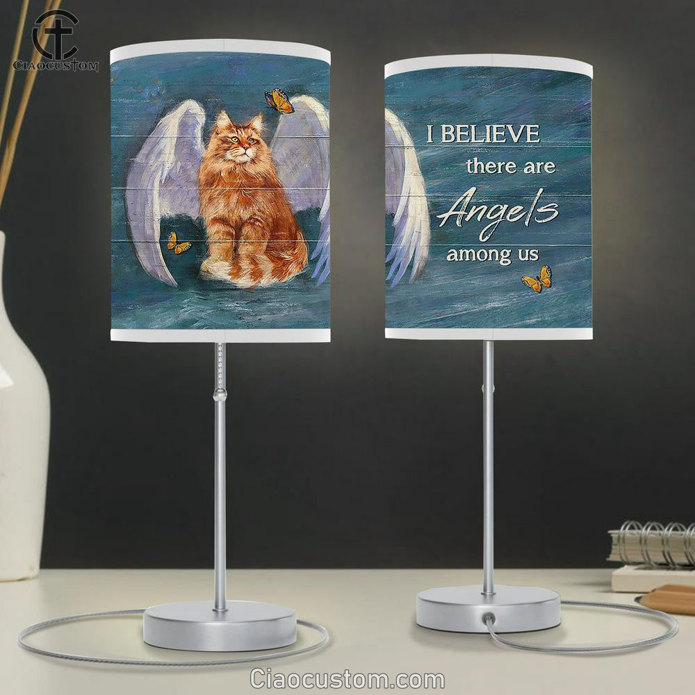 Brown Cat Angel Wings I Believe There Are Angels Among Us Table Lamp For Bedroom - Bible Verse Table Lamp - Religious Room Decor