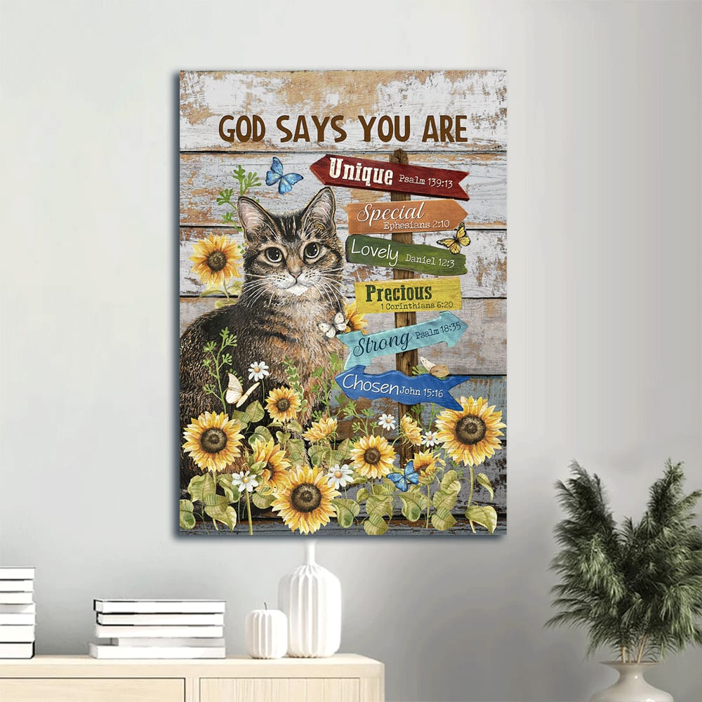 Brown Cat Artwork Sunflower Garden Pretty Butterfly God Says You Are Unique Christian Canvas Wall Art - Christian Gift