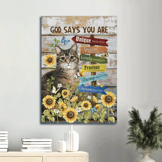 Brown Cat Artwork Sunflower Garden Pretty Butterfly God Says You Are Unique Christian Canvas Wall Art - Christian Gift