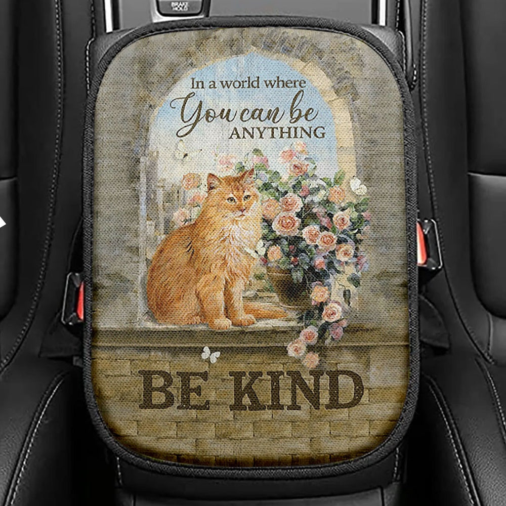 Brown Cat In A World Where You Can Be Anything Seat Box Cover, Bible Verse Car Center Console Cover, Christian Inspirational Car Interior Accessories