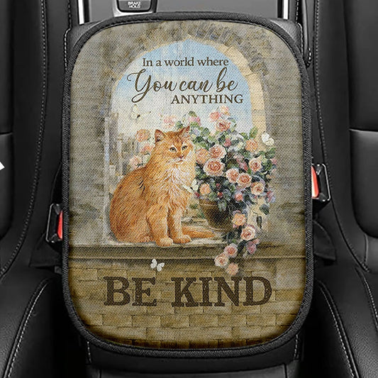 Brown Cat In A World Where You Can Be Anything Seat Box Cover, Bible Verse Car Center Console Cover, Christian Inspirational Car Interior Accessories