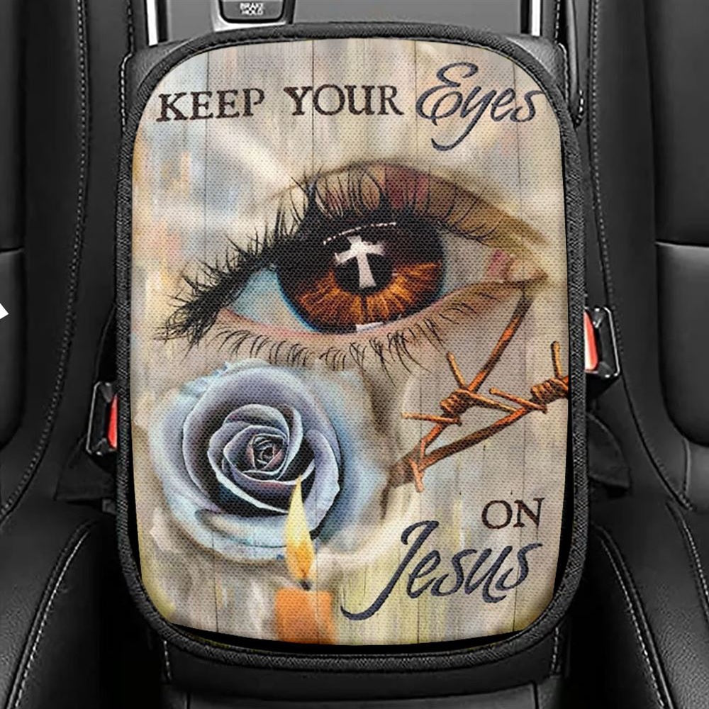 Brown Eye, Purple Rose, Candle Light, Keep Your Eyes On Jesus Car Center Console Cover, Christian Armrest Seat Cover, Bible Seat Box Cover