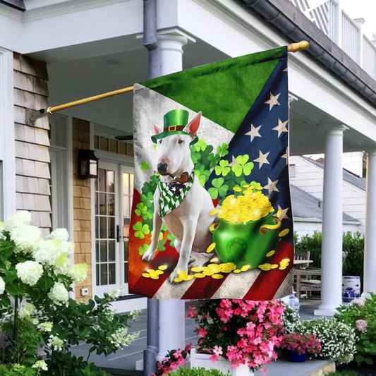 Bull Terrier House Flag - St Patrick's Day Garden Flag - Outdoor St Patrick's Day Decor