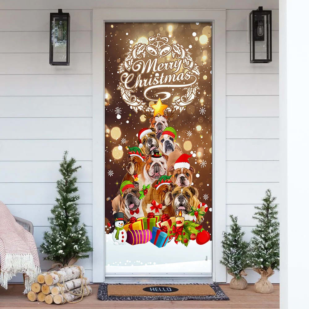 Bulldog Christmas Tree Door Cover - Merry Christmas - Front Door Christmas Cover - Christmas Outdoor Decoration